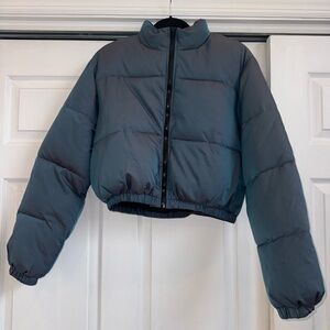 12th Tribe Iridescent Blue Purple Cropped Puffer Jacket